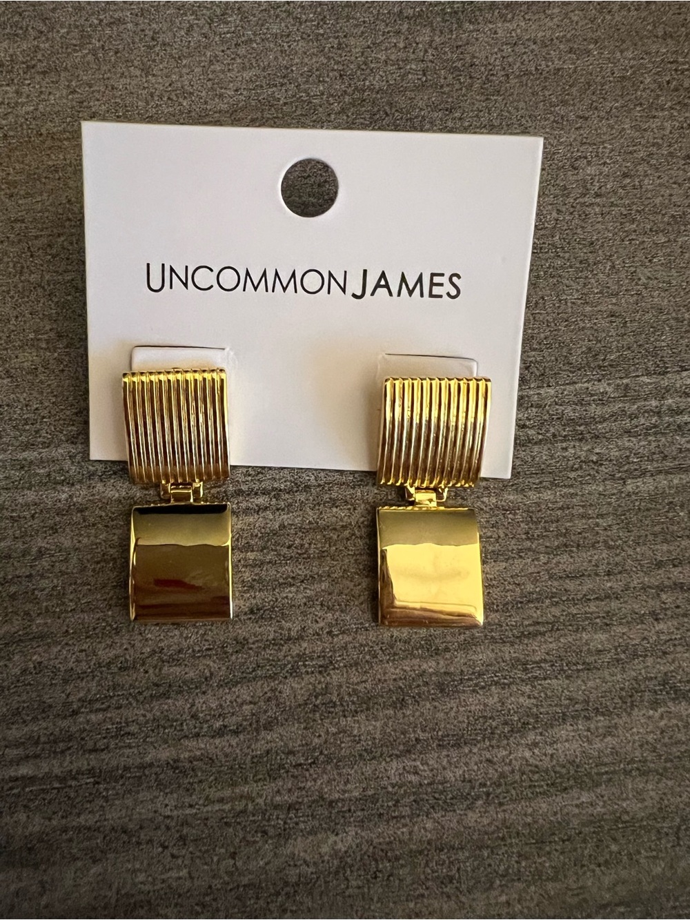 NWT Uncommon James Shiny Gold Ribbed Top Square Drop Earrings